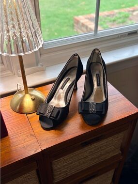 Caparros Black Satin Peep-Toe Heels with Bow and Rhinestone Accent